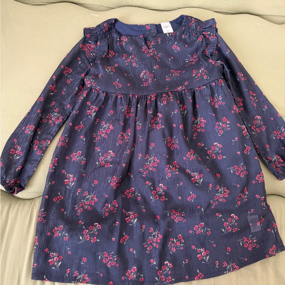 OshKosh B'gosh Navy Dress with Pink Floral Accents. Size 5T. 100% cotton lining